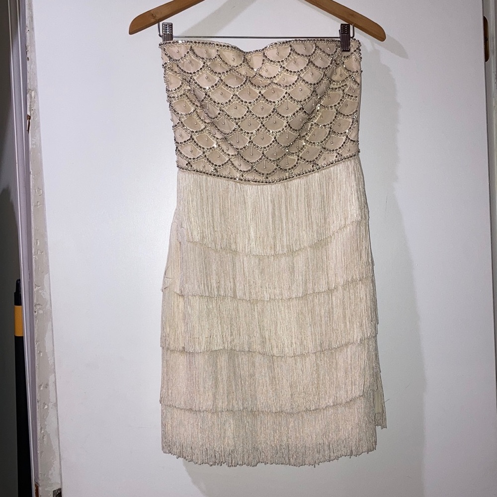 Cream Beaded Top Fringe Bottom Cocktail Dress